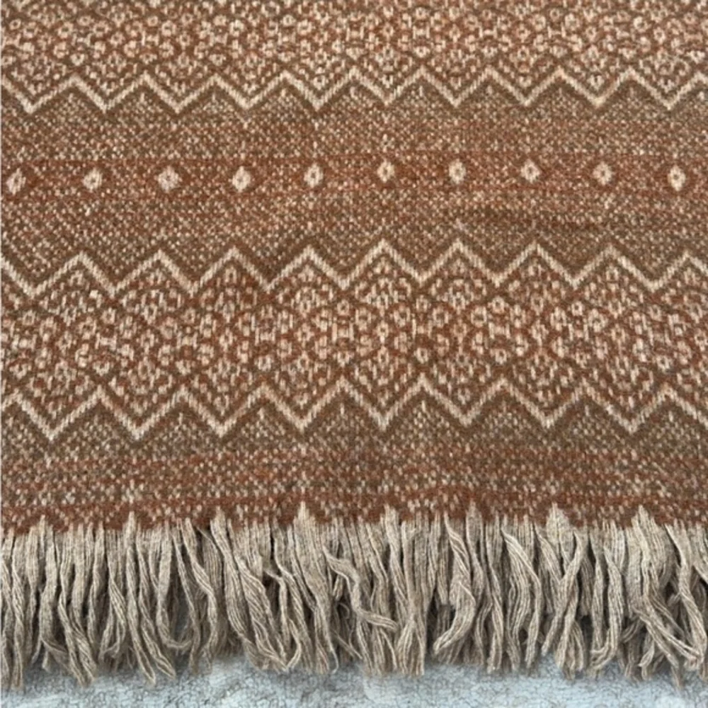 Amana Woolen Mills Vintage Brown‎ Tan Geometric Print Wool Fringe Throw Blanket